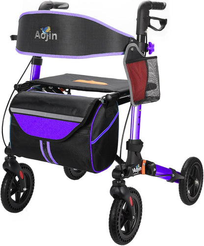 Lightweight Aluminum Foldable All Terrain Rolling Walker with seat, 8 inch Rubber Wheels, Handles and Backrest for Seniors and Adult