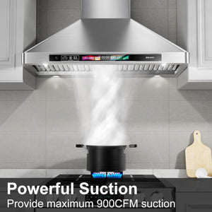 900 CFM Wall Mount Range Hood with Voice/Gesture/Touch Control,4 Speed Exhaust Fan& Adjustable Lights, Memory Mode, Ducted/Ductless Convertible