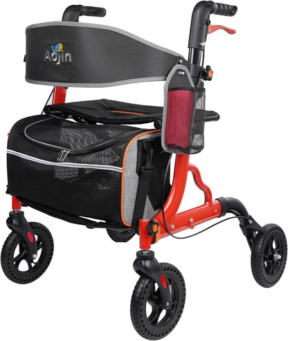 Lightweight Aluminum Foldable All Terrain Rolling Walker with seat, 8 inch Rubber Wheels, Handles and Backrest for Seniors and Adult