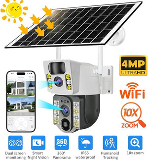 Dual Lens AI Solar Security Camera Outdoor, Battery Solar Panel Floodlight Camera with 10X Optical Zoom, 360° View, Auto Tracking, AI Human Detection, Color Night Vision, Easy to Setup,Two-Way Audio